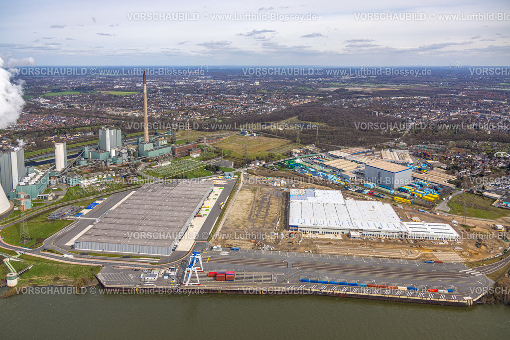 Duisburg230301259 | Luftbild, logport VI, Baustelle mit Neubau am STEAG Kraftwerk Walsum am Fluss Rhein, Alt-Walsum, Duisburg, Ruhrgebiet, Nordrhein-Westfalen, Deutschland