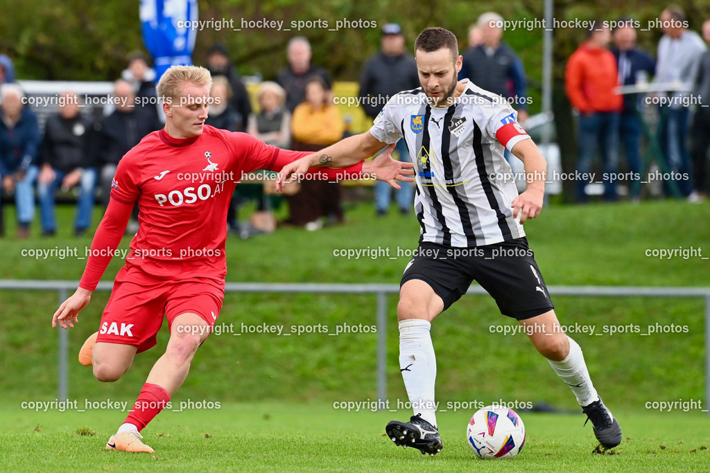 SVG Bleiburg vs. SAK 23.9.2023 | #6 Toni Dullnig SAK, #9 Adnan Besic (K) SVG Bleiburg, SVG Bleiburg vs. SAK 23.9.2023, SVG Bleiburg vs. SAK am 23.09.2023 in Bleiburg (Karl Kornberger Stadion), Austria, (Photo by Bernd Stefan)
