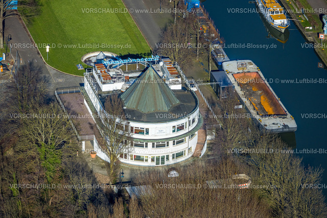 Muelheim230201168 | Luftbild, Sanierungsbedürftiger Wasserbahnhof an der Ruhrschleuse am Fluss Ruhr, Altstadt I - Südwest, Mülheim an der Ruhr, Ruhrgebiet, Nordrhein-Westfalen, Deutschland