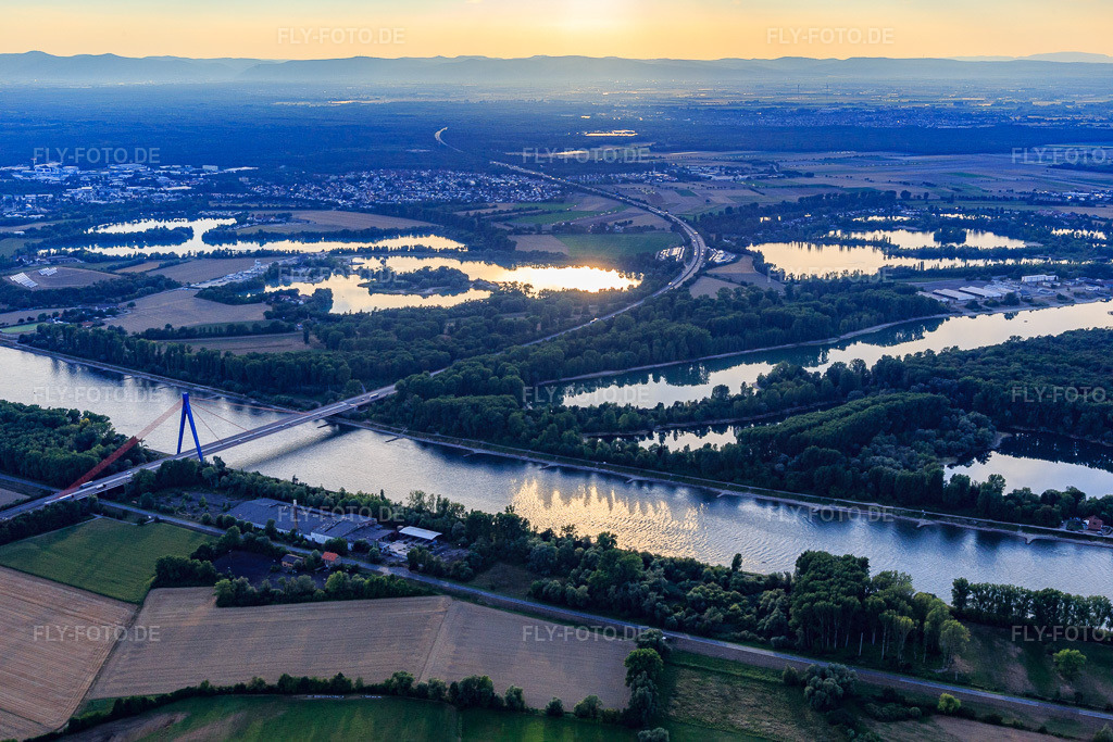 Luftbild: Autobahnbrücke der A61 über den Rhein nördlich von Speyer in Otterstadt im Bundesland Rheinland-Pfalz in Deutschland. Foto: IMG_109342.jpg vom 30.07.2018 durch Werner Riehm/FLY-FOTO.de