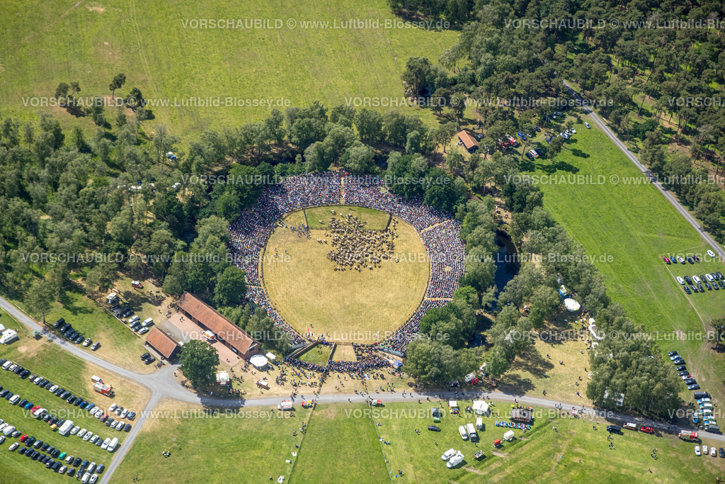 Duelmen220505146MerfelderBruchPferde | Luftbild, Wildpferdefang im Merfelder Bruch bei Dülmen, Arena der Wildpferdebahn, Herzöge von Croÿ Anwesen, Pferdeherde,  Merfeld, Dülmen, Münsterland, Nordrhein-Westfalen, Deutschland