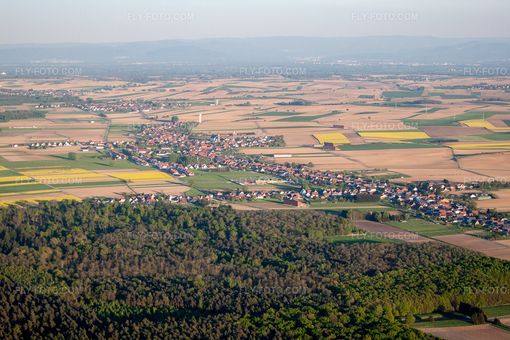 Aerial view: From the northwest in Schleithal in the state Bas-Rhin, France.Photo: IMG_64403.jpg taken on 04/17/2014 by Werner Riehm/FLY-FOTO.comResolution of the original: 4752 x 3168 px