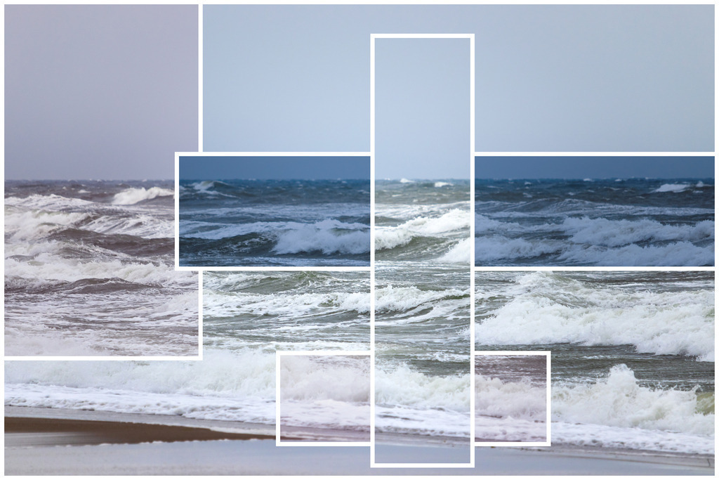 Photoart: Collage Strandtag | Dieses Photoart Wandbild zeigt die Collage eines Strandbilds mit unterschiedlichen Farbgebungen. Jede Farbe wird ist durch einen weißen Rand umgeben.  - Realized with Pictrs.com