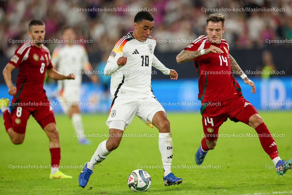 DFB07092402348 | 07.09.2024, Düsseldorf, UEFA Nations League, Deutschland – Ungarn, Merkur Spielarena, Division A, 2024/2025, Gruppe 3: Jamal Musiala (GER #10)  gegen Adam Nagy (HUN #8) und Bendeguz Bolla (HUN #14)DFB regulations prohibit any use of photographs as image sequences and or quasi-video.