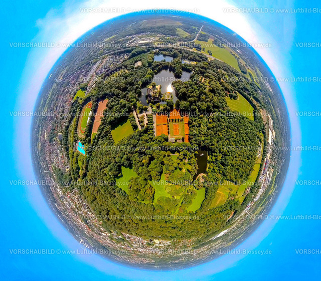 Gladbeck240890520ParkWittringen | Luftbild, Wasserschloss Wittringen, Park und See im Wittringer Wald, Tennisplätze, Fußballstadion und Leichtathletikstadion Gladbeck mit Feibad, Erdkugel, Fisheye Aufnahme, Fischaugen Aufnahme, 360 Grad Aufnahme, tiny world, little planet, fisheye Bild, Butendorf, Gladbeck, Ruhrgebiet, Nordrhein-Westfalen, Deutschland