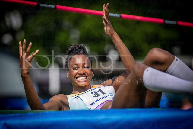 B&amp;S Kurpfalz Gala; Weinheim, 23.05.2026 | WEINHEIM, GERMANY - MAY 24: Highjumper Blessing Enatoh (GER/LG Nord Berlin) emotional laughing during the B&amp;S Kurpfalz Gala am 23.05.2026 at the  Sepp-Herberger-Stadium in Weinheim (Baden-Wuerttemberg / Germany).
