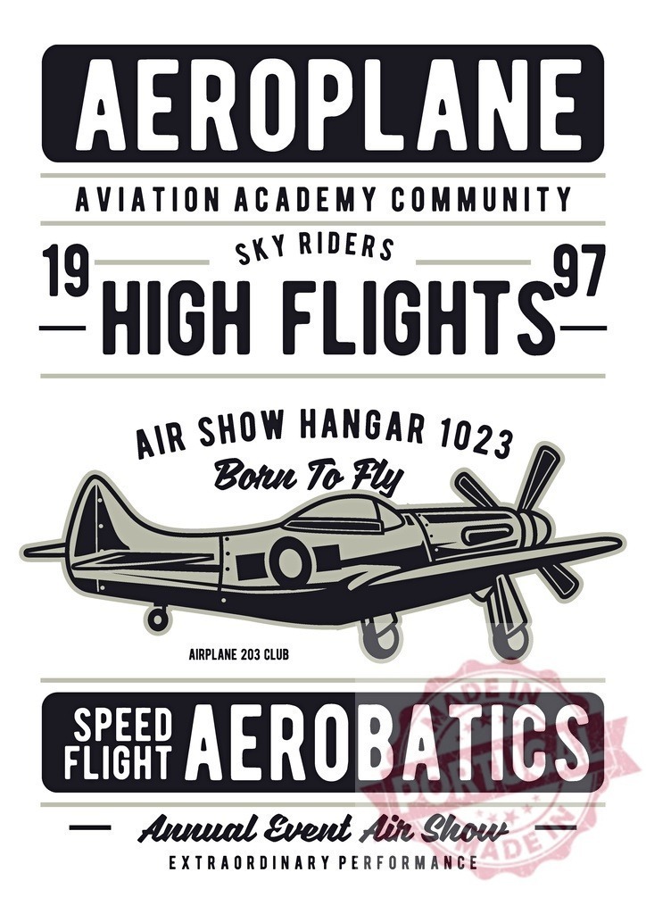 Vintage aeroplane air show academy emblem design | Vintage aviation academy community emblem with propeller plane and text elements - Realisiert mit Pictrs.com