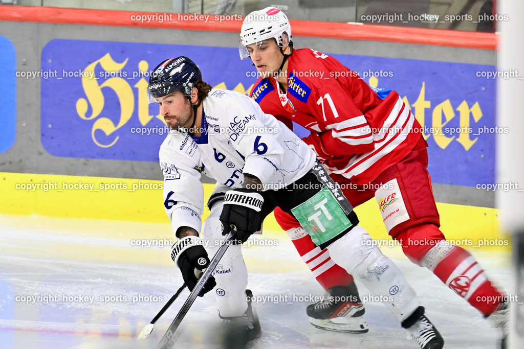 EC KAC Future Team vs. Die Adler Kitzbühl 7.10.2023 | #6 Rotter Rafael EC Kitzbühel, #71 Kramer Nico EC KAC FUTURE TEAM, EC KAC Future Team vs. Die Adler Kitzbühl 7.10.2023, EC KAC Future Team vs. Die Adler Kitzbühl am 07.10.2023 in Klagenfurt (Messehalle Klagenfurt), Austria, (Photo by Bernd Stefan)