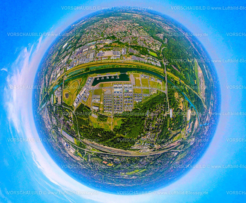 Gelsenkirchen250590009-2 | Luftbild, Stadtquartier Graf BismarckJohannes-Rau-Allee, Wohnanlage und Stölting Marina Yachthafen am Rhein-Herne-Kanal, Gewerbegebiet Emscherstraße, Erdkugel, Fisheye Aufnahme, Fischaugen Aufnahme, 360 Grad Aufnahme, tiny world, little planet, fisheye Bild, Bismarck, Gelsenkirchen, Ruhrgebiet, Nordrhein-Westfalen, Deutschland