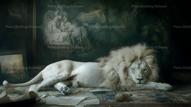 White Lion - Daydream | A 16:9 sized picture of a majetsic white Lion in a relaxed pose. A huge eyecatcher on your livingroom or sleepingroom wall. - Realisiert mit Pictrs.com