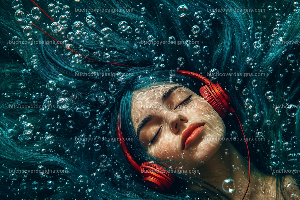 Gesicht einer Frau mit Kopfhörer (179) | woman face underwater with many air bubbles, with blue hair spread over the surface of the image, with a red headphone - close up - studio light - vivid colors - high detail - realistic - photo --chaos 5 --ar 3:2 --stylize 50 --weird 200 --v 6.1 Job ID: b1d05cb4-21ed-44d6-b21e-aefb59b6cb88