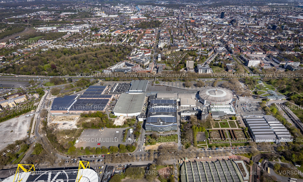 Dortmund230401142 | Luftbild, Westfalenhallen mit Blick zur City, Westfalenhalle, Dortmund, Ruhrgebiet, Nordrhein-Westfalen, Deutschland