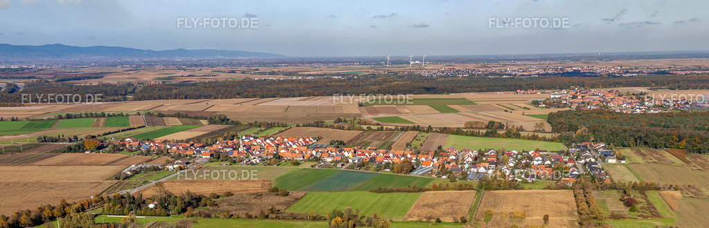 Ortsansicht | Luftbild: Ortsansicht im Ortsteil Minderslachen in Kandel im Bundesland Rheinland-Pfalz in Deutschland. Foto: IMG_34904-Pano.jpg vom 26.10.2010 durch Werner Riehm/FLY-FOTO.de - Realisiert mit Pictrs.com