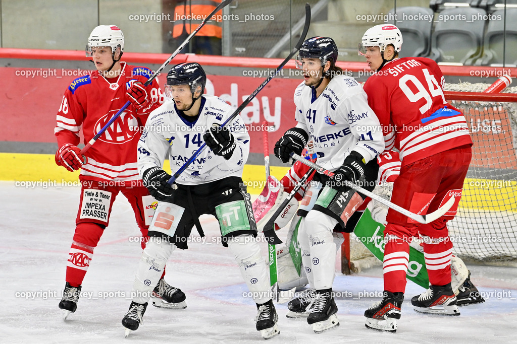 EC KAC Future Team vs. Die Adler Kitzbühl 7.10.2023 | #88 Klassek Thomas EC KAC FUTURE TEAM, #41 Szabad Kevin EC Kitzbühel,#14 Niemelä Joonas Mikael EC Kitzbühel, #94 Siftar AnzeEC KAC Future Team vs. Die Adler Kitzbühl 7.10.2023, EC KAC Future Team vs. Die Adler Kitzbühl am 07.10.2023 in Klagenfurt (Messehalle Klagenfurt), Austria, (Photo by Bernd Stefan)