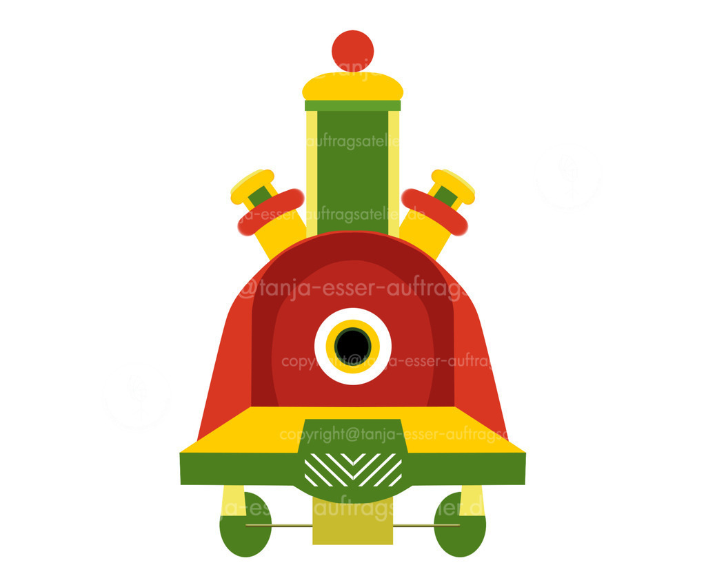 Lokomotive frei D | Weihnachten Spielzeug Dampflokomotive von vorne. Kräftige Weihnachtsfarben in rot, gold und grün. 