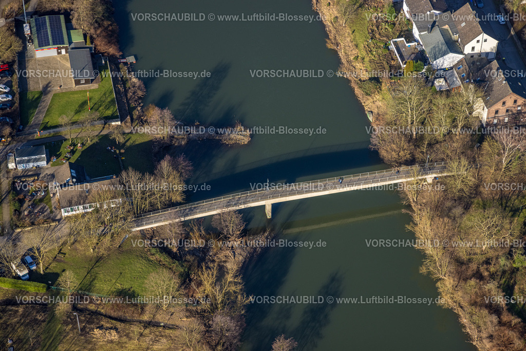 Witten240103044 | Luftbild, Lakebrücke Fußgängerbrücke und Zollhaus Gastronomie am Fluss Ruhr, Ostherbede, Witten, Ruhrgebiet, Nordrhein-Westfalen, Deutschland