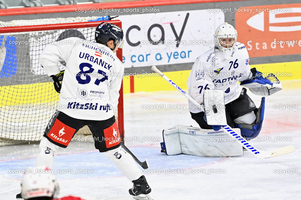 EC KAC Future Team vs. Die Adler Kitzbühl 7.10.2023 | #76 Schubert Thomas EC Kitzbühel, #87 Urbanek Martin EC Kitzbühel, EC KAC Future Team vs. Die Adler Kitzbühl 7.10.2023, EC KAC Future Team vs. Die Adler Kitzbühl am 07.10.2023 in Klagenfurt (Messehalle Klagenfurt), Austria, (Photo by Bernd Stefan)