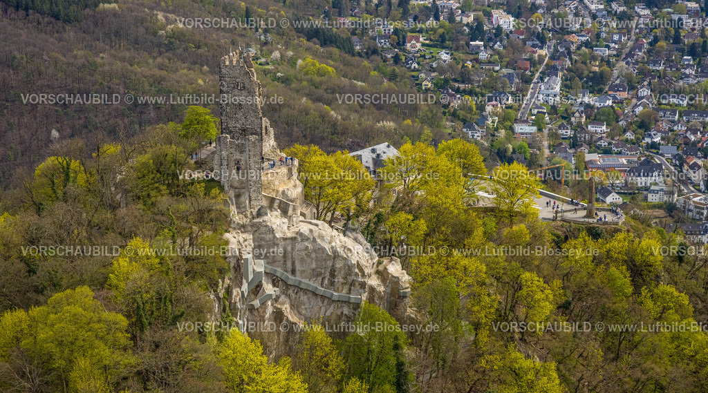 Koenigswinter220403753Drachenfels | Luftbild, Drachenfels, mittelalterliche Burgruine, mit Blick auf Rhöndorf und Bad Honnef, Königswinter, Rheinland, Nordrhein-Westfalen, Deutschland