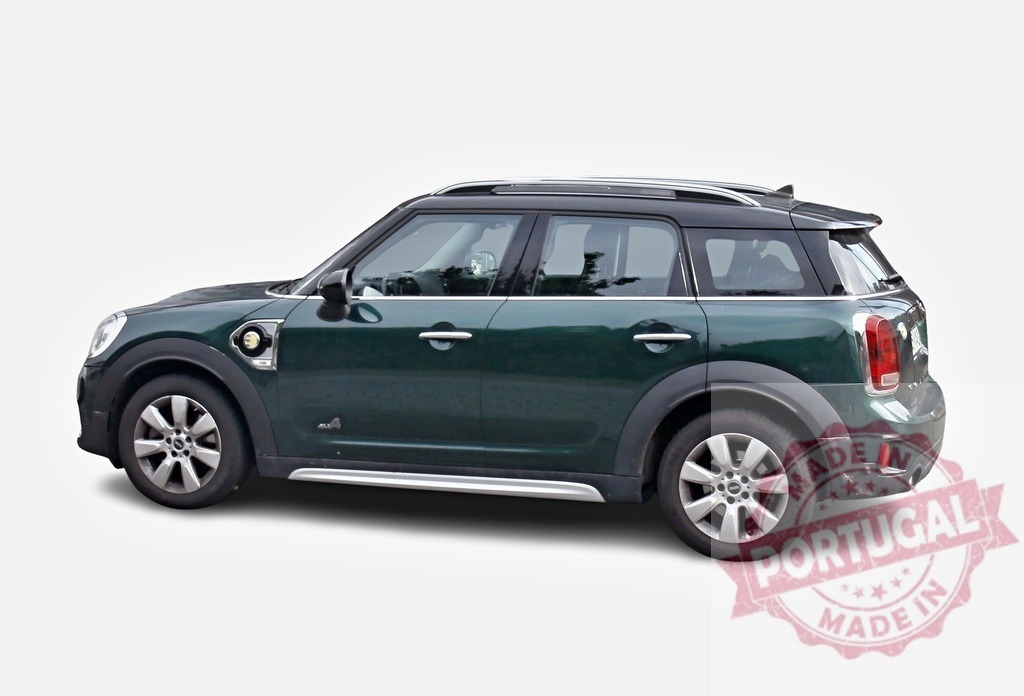 Green Mini Countryman Cooper S E All4 Plugin Hybrid showing its left side | Side view of a parked green Mini Countryman Cooper S E All4 Plugin Hybrid on a white background - Realisiert mit Pictrs.com