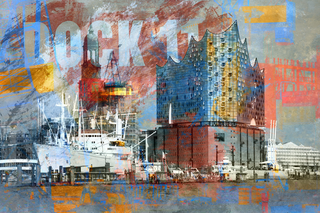 10221005 - Hamburg Collage 058 | Kunstvolles modernes Hamburgbild im Mix aus Fotografie, abstrakten Elementen und Pinselstrichen.