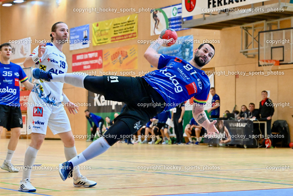 SC Ferlach vs. ALPLA HC Hard 2.3.2024 | #81 MILICEVIC Adrian SC Ferlach, #19 SCHNABL Nico HC Hard, SC Ferlach vs. ALPLA HC Hard 2.3.2024, SC Ferlach vs. ALPLA HC Hard am 02.03.2024 in Ferlach (Ballspielhalle Ferlach), Austria, (Photo by Bernd Stefan)