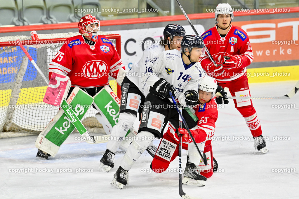 EC KAC Future Team vs. Die Adler Kitzbühl 7.10.2023 | #75 Kropiunig Ralf EC KAC FUTURE TEAM, #41 Szabad Kevin EC Kitzbühel, #14 Niemelä Joonas Mikael EC Kitzbühel, #20 Pilloni Yannic EC KAC FUTURE TEAM, EC KAC Future Team vs. Die Adler Kitzbühl 7.10.2023, EC KAC Future Team vs. Die Adler Kitzbühl am 07.10.2023 in Klagenfurt (Messehalle Klagenfurt), Austria, (Photo by Bernd Stefan)