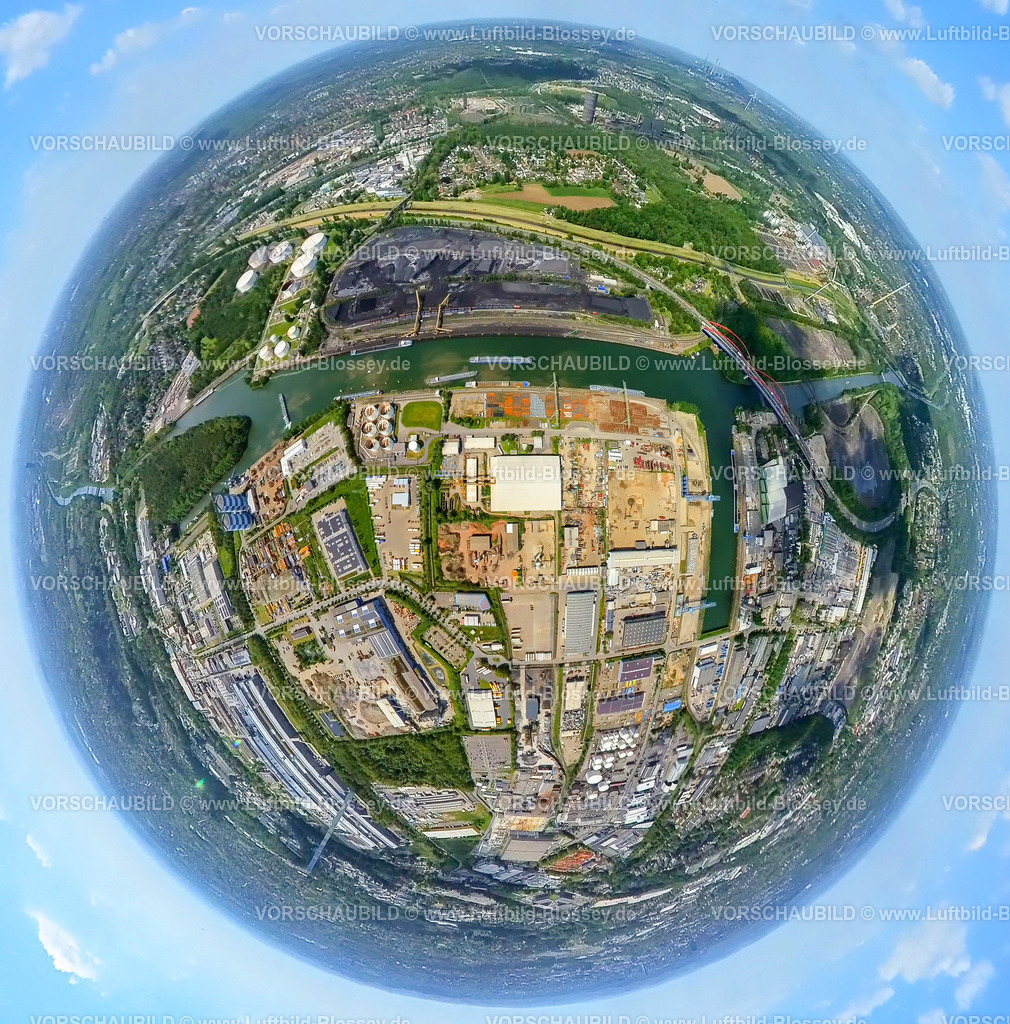 Essen230520091EssenerHafen | Luftbild, Essen Am Stadthafen, Kohlenlager Zentralhafen Bottrop, Erdkugel, Fisheye Aufnahme, Fischaugen Aufnahme, 360 Grad Aufnahme, Bergeborbeck, Essen, Ruhrgebiet, Nordrhein-Westfalen, Deutschland