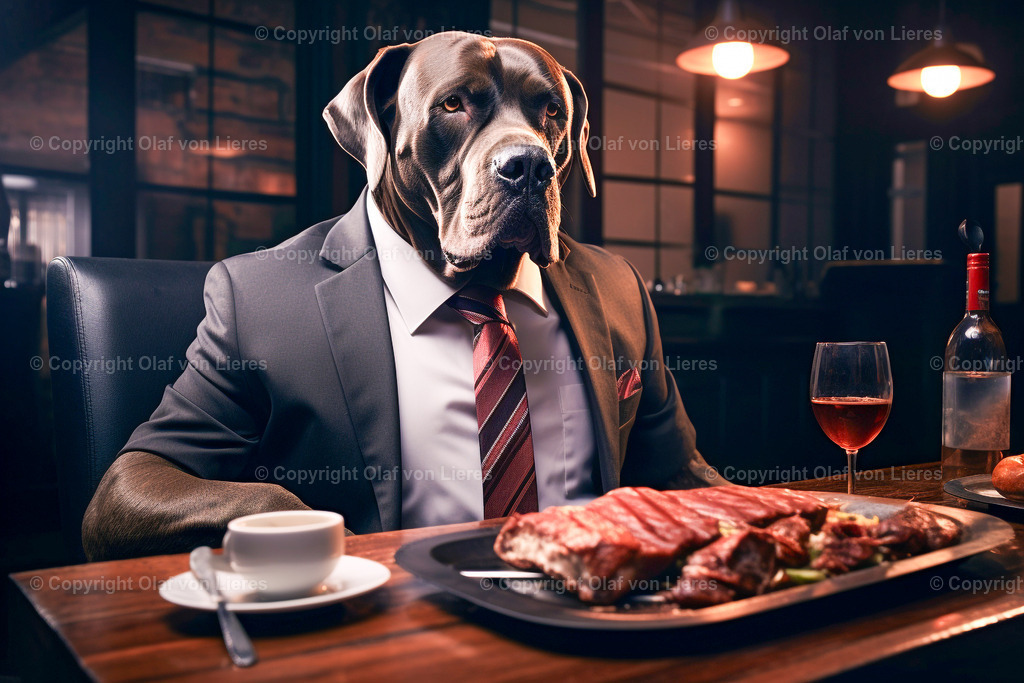 Hund im Anzug mit Steaks | Hund mit Krawatte am Esstisch
