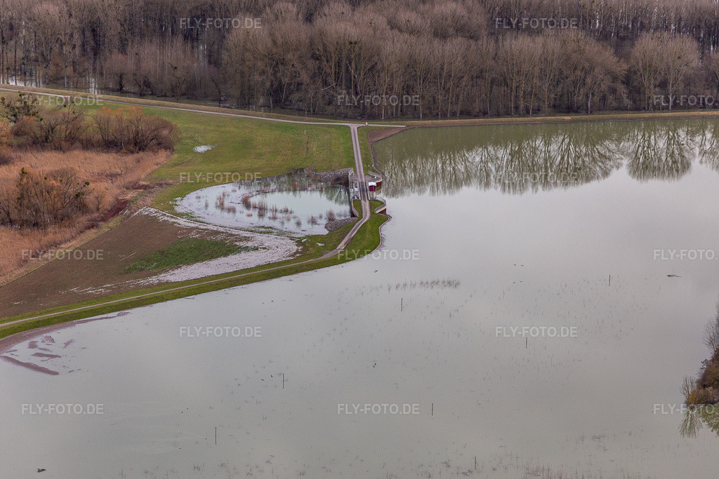 Luftbild: Überflutete Flutungswiesen des Polder Neupotz am Hochwasser- Pegel führenden Flußbett des Rhein in Neupotz in Wörth am Rhein im Bundesland Rheinland-Pfalz in Deutschland. Foto: IMG_124211.jpg vom 04.02.2021 durch Werner Riehm/FLY-FOTO.de