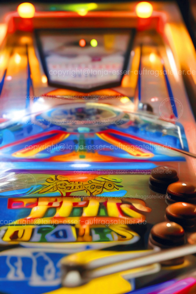 Flipper Nahaufnahme D | Nahaufnahme von einem Flipper Automaten. Bild auf Grundlage generativer KI. Unscharfer Hintergrund mit Bokeh.