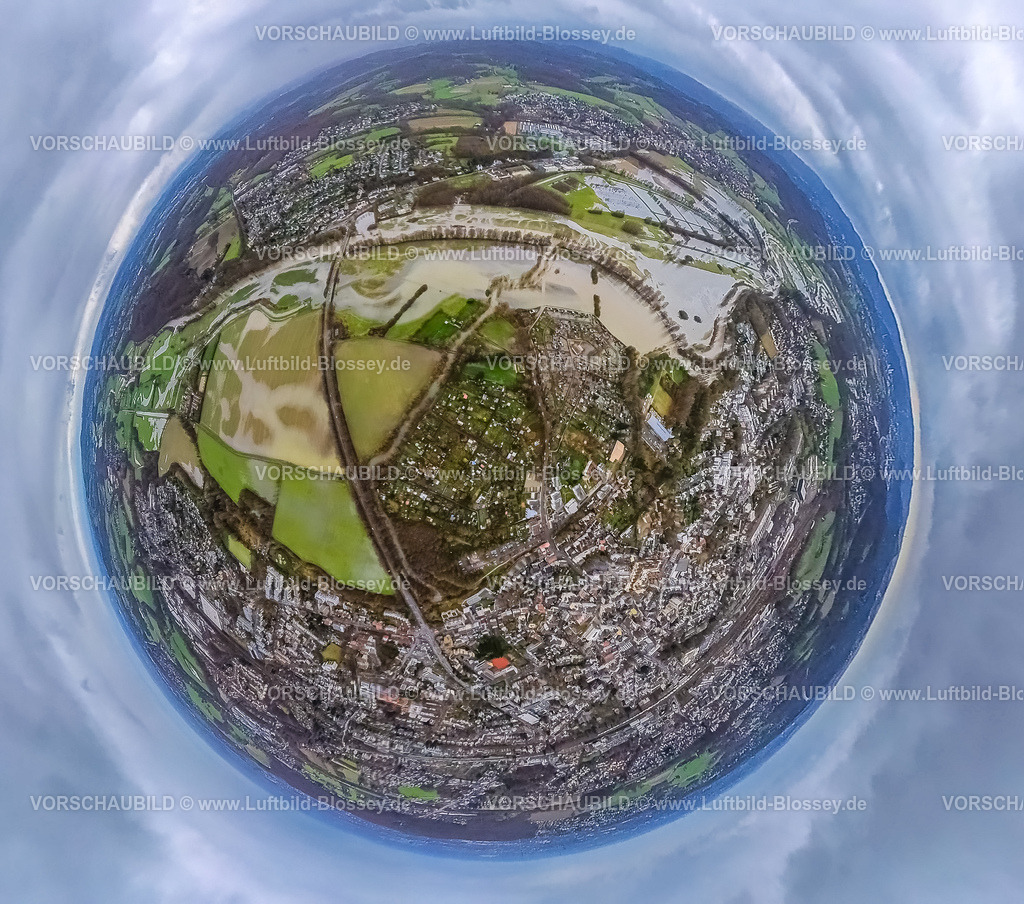 Schwerte231290218Ruhrhochwasser-2 | Luftbild vom Weihnachts Ruhrhochwasser in Schwerte mit überschwemmten Kleingärten und Wiesen und Feldern , Fischaugenbild, 360 Grad Aufnahme, Schwerte, Ruhrgebiet, Nordrhein-Westfalen, Deutschland