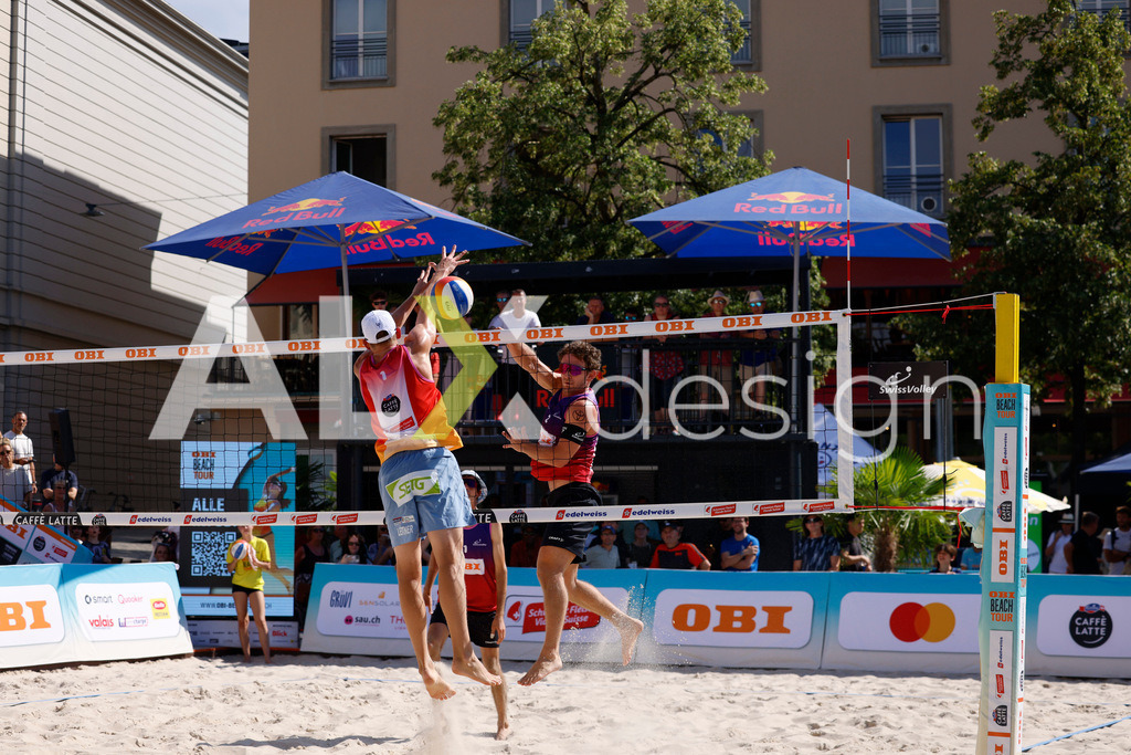Obi BeachTour 2026 - Basel | BASEL, SWITZERLAND - JULY 18: YVES HAUSSENER (SUI) attack / spike during the Obi BeachTour 2026 match between HAGENBUCH / HAUSSENER (SUI) and LEITNER / KINDL (AUT) at Barfüsserplatz on July 18, 2026 in Basel, Switzerland. - Realisiert mit Pictrs.com