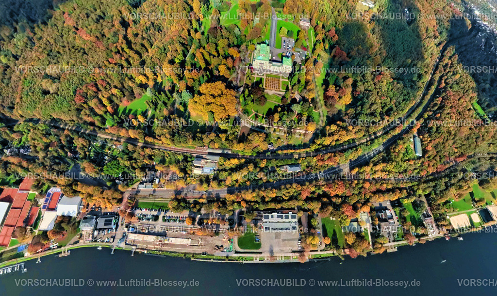 Essen251002980Sued | Luftbild, Villa Hügel und Hügelpark mit herbstlichem Kruppwald, ehemaliges Wohnhaus der Industriellenfamilie Krupp, Baldeneysee und Seaside Beach Baldeney Strand, Erdkugel, Fisheye Aufnahme, Fischaugen Aufnahme, 360 Grad Aufnahme, tiny world, little planet, fisheye Bild, Bredeney, Essen, Ruhrgebiet, Nordrhein-Westfalen, Deutschland
