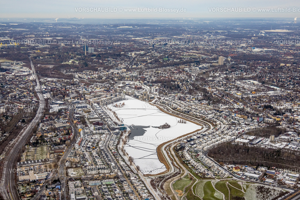 Dortmund221201506 | Luftbild, Schneebedeckter und zugefrorener Phoenix-See in Hörde, Reihenhäuser Wohngebiet, Berghofen, Dortmund, Ruhrgebiet, Nordrhein-Westfalen, Deutschland
