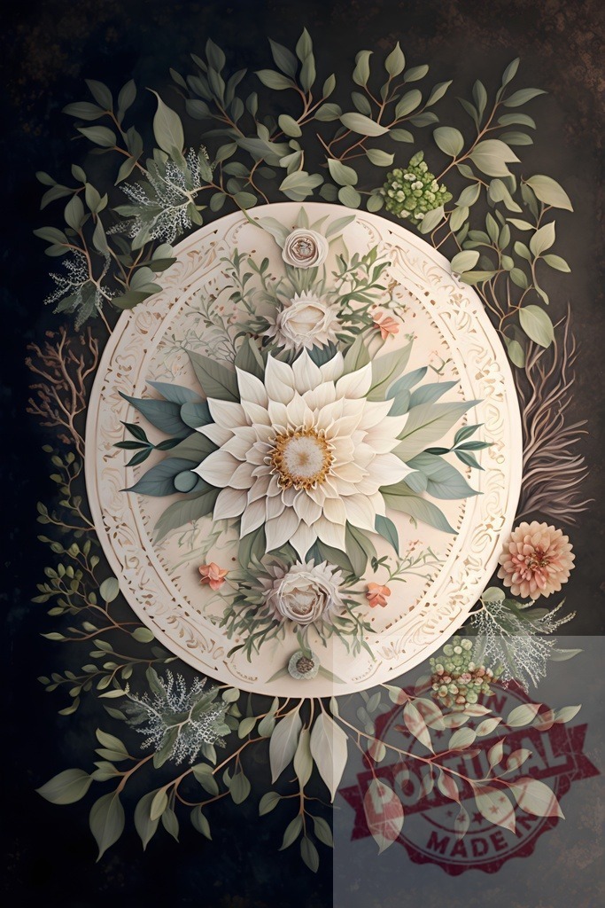 Botanical mandala design with layered paper flowers and green leaves | Botanical mandala with delicate layered paper flowers and ornate foliage on a dark background - Realized with Pictrs.com