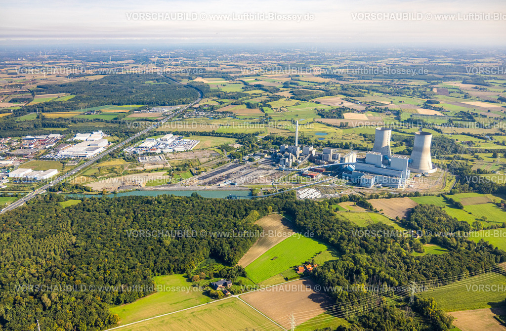 Hamm250900767 | Luftbild, RWE Kraftwerk Westfalen, Wiesen und landwirtschaftliche Felder, Fernsicht, Eilmsen, Welver, Ruhrgebiet, Nordrhein-Westfalen, Deutschland