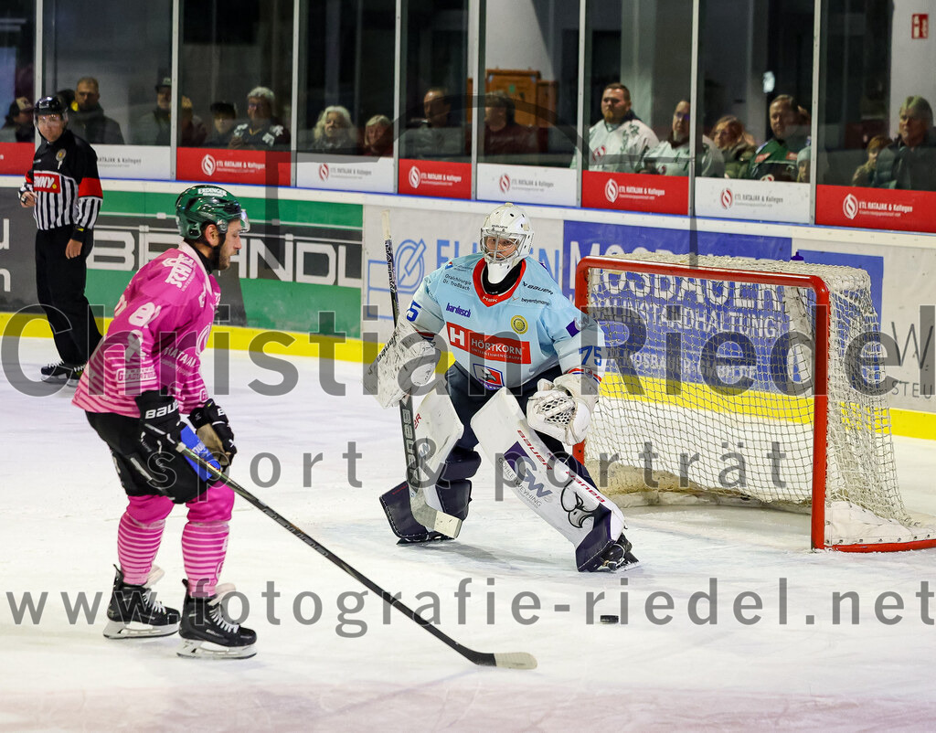 2025-10-05_134_TSV_Erding_gegen_Heilbronner_Falken | Erding, Deutschland, 05.10.2025:Eishockey, Oberliga Süd 2025 / 2026, 6. Spieltag, TSV Erding gegen Heilbronner Falken, Endergebnis: 3:1Maximilian Forster (Erding Gladiators, #81), Torwart Franz Jokinen (Heilbronner Falken, #75)Foto: Christian Riedel / fotografie-riedel.net
