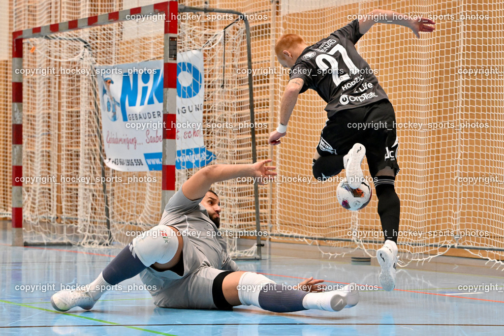 Carinthia Flamengo Futsal Club vs. FC Ljuti Krajisnici | #27 Adnan Hodzic FC Ljuti Krajisnici, #1 Youssef Helal Carinthia Flamengo, Carinthia Flamengo Futsal Club vs. FC Ljuti Krajisnici, Carinthia Flamengo Fusal Club vs. FC Ljuti Krajisnici am 12.10.2025 in Klagenfurt (Ballspielhalle Viktring), Austria, (Photo by Bernd Stefan)