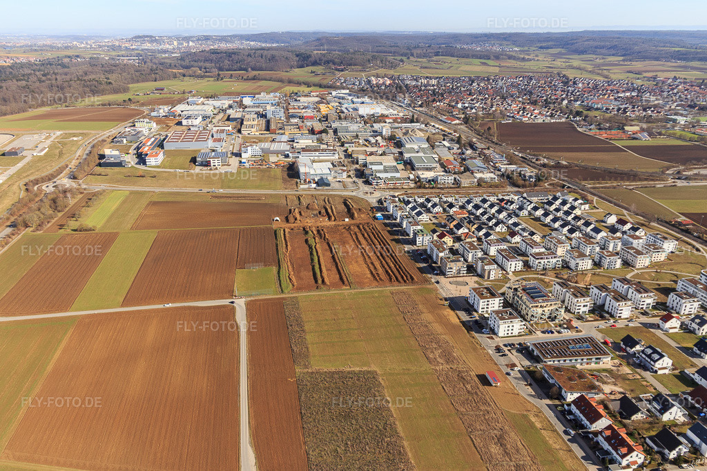 Luftbild: Erschliessung Neubaugebiet Maikäferweg in Renningen im Bundesland Baden-Württemberg in Deutschland. Foto: IMG_124916.jpg vom 20.02.2021 durch Werner Riehm/FLY-FOTO.de