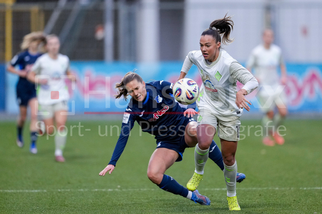 Fussball, Google Pixel Frauen-Bundesliga, TSG 1899 Hoffenheim - SV Werder Bremen | v.li.: Lisann Kaut (TSG, 4), Maja Sternad (Werder, 11), Zweikampf, Spielszene, Duell, duel, tackle, tackling, Dynamik, Action, Aktion, 01.02.2026, Sinsheim (Hoffenheim)  (Deutschland), Fussball, Google Pixel Frauen-Bundesliga, TSG 1899 Hoffenheim - SV Werder Bremen, DFB/DFL REGULATIONS PROHIBIT ANY USE OF PHOTOGRAPHS AS IMAGE SEQUENCES AND/OR QUASI-VIDEO., DIE DFB-RICHTLINIEN UNTERSAGEN JEGLICHE NUTZUNG VON FOTOS ALS SEQUENZBILDER UND/ODER VIDEOÄHNLICHE FOTOSTRECKEN. DFB REGULATIONS PROHIBIT ANY USE OF PHOTOGRAPHS AS IMAGE SEQUENCES AND/OR QUASI-VIDEO.