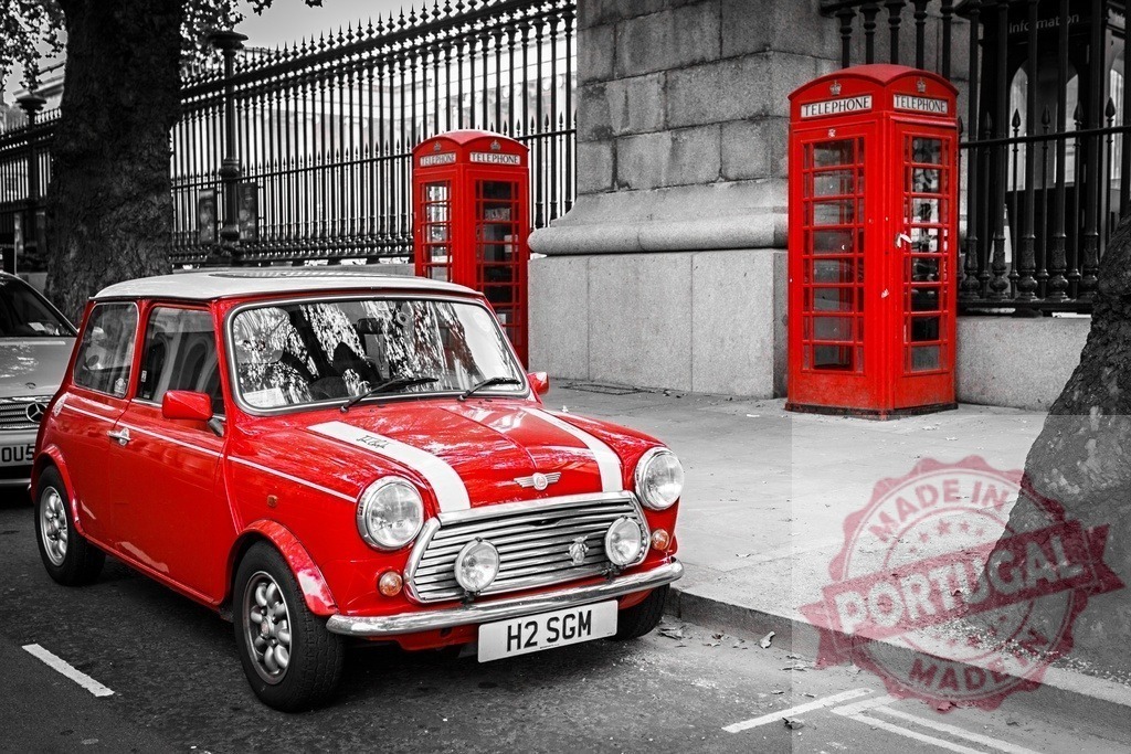 London street featuring classic Mini Cooper and red telephone boxes | Classic red Mini Cooper car parked on a London street with iconic red telephone boxes - Realized with Pictrs.com