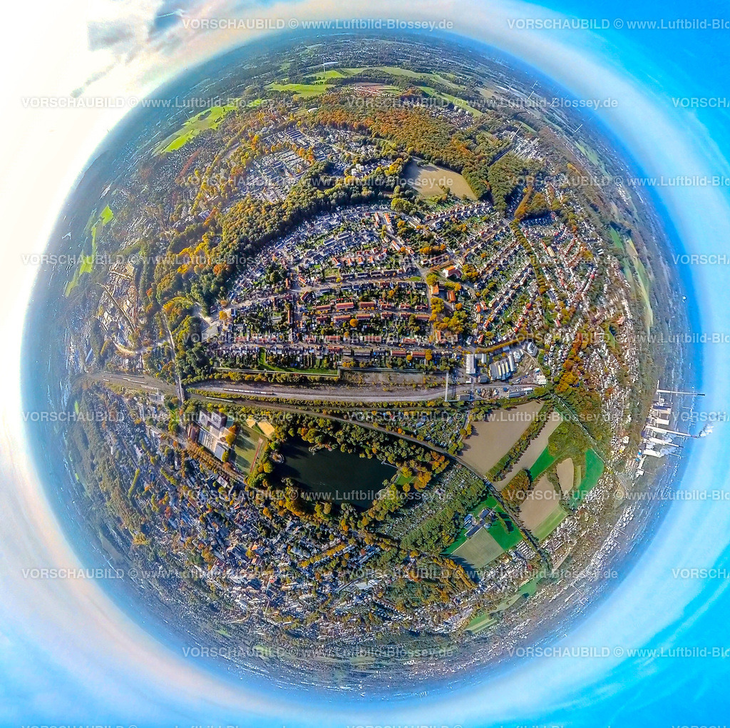 Gladbeck20221006_1Butendorf | Luftbild, Ortsansicht Rentfort, Nordpark und Teich, FahrradTrasse, Fisheye Aufnahme, Fischaugen Aufnahme, 360 Grad Aufnahme, Rentfort, Gladbeck, Fisheyeaufnahme, Ruhrgebiet, Nordrhein-Westfalen, Deutschland