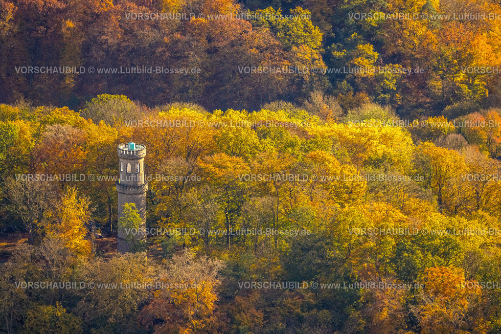 Witten231101049 | Luftbild, Renovierter Helenenturm mit Aussichtsplattform im Herbstwald mit Laubbäumen mit leuchtenden Herbstfarben, Witten, Ruhrgebiet, Nordrhein-Westfalen, Deutschland