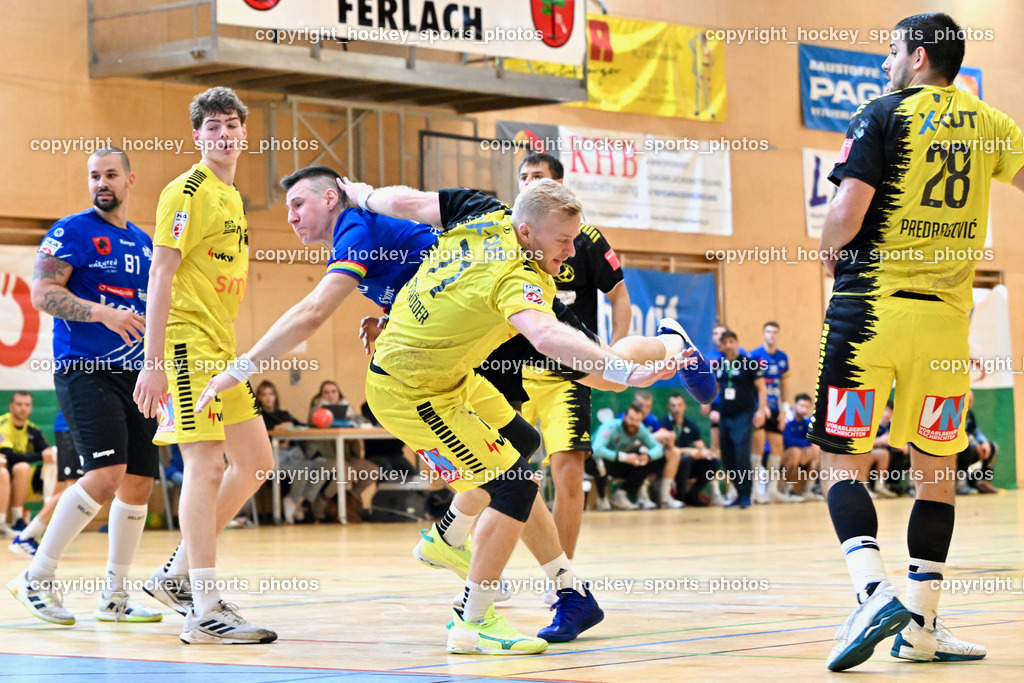 SC Ferlach vs. Bregenz Handball | #28 Predragovic Srdjan Bregenz Handball, #71 Schröder Andreas Bregenz Handball, #10 Perkusic Toni SC Ferlach, #24 ULMER Lukas Bregenz Handball, #81 Milicevic Adrian SC Ferlach, SC Ferlach vs. Bregenz Handball, SC Ferlach vs. Bregenz Handball am 28.09.2024 in Ferlach (Ballspielhalle Ferlach), Austria, (Photo by Bernd Stefan)