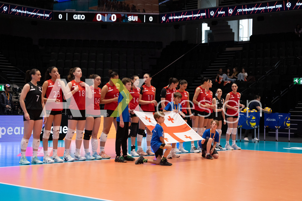 Georgia v Switzerland - CEV European League Women | KRIENS, SWITZERLAND - JUNE 12: Team of Georgia during the national anthem at the CEV European League match between Georgia and Switzerland at Pilatus Arena on June 12, 2026 in Kriens, Switzerland. - Realisiert mit Pictrs.com