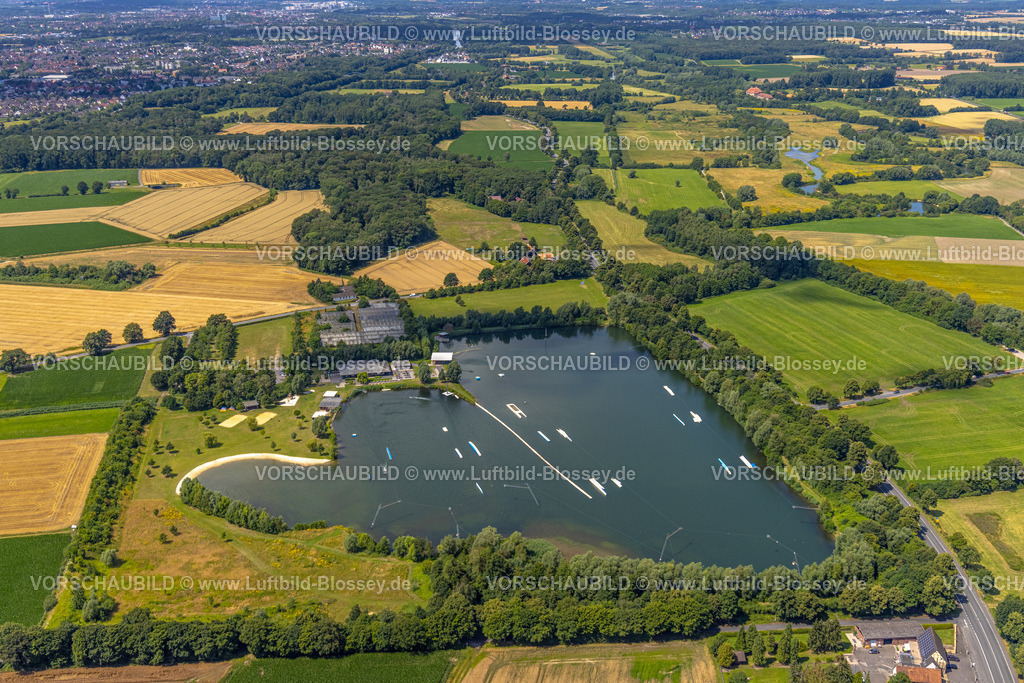 Hamm240707234 | Luftbild, Wasserski Anlage am See, mit Baden und Wakeboard und Zeltwiese, geplanter Abriss der Gewächshäuser, Uentrop, Hamm, Ruhrgebiet, Nordrhein-Westfalen, Deutschland
