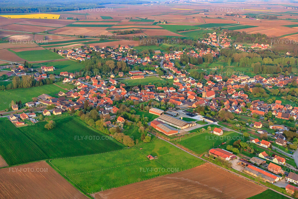 Aerial view: View of the town from the west in Riedseltz in the state Bas-Rhin, France. – Photo: IMG_56874.jpg taken on 05/05/2013 by Werner Riehm/FLY-FOTO.com – Resolution of the original: 4752 x 3168 px
