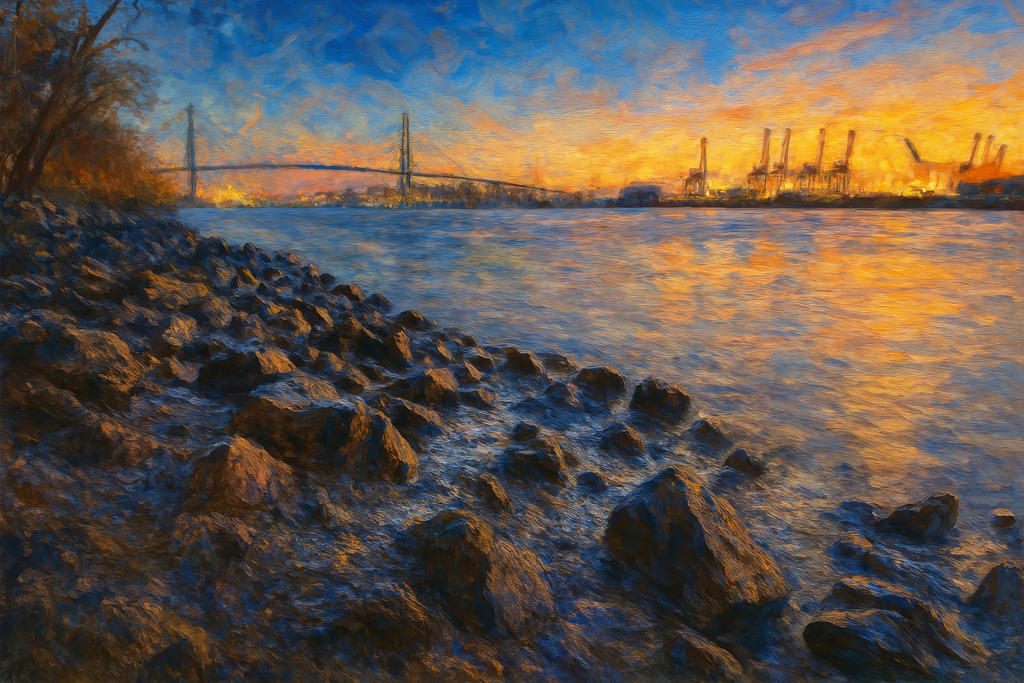 10250404 - Köhlbrand im Abendrot | Wunderschöne Abendstimmung im Hamburger Hafen mit Blick auf die Köhlbrandbrücke im Stil eines Gemäldes.