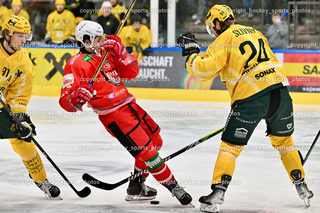 KSV KÄNGURUS vs. EHC Lustenau | #45 Granza lacopo KSV, #24 Slivnik David EHC Lustenau, #91 Grabher Meier Martin EHC Lustenau, KSV KÄNGURUS vs. EHC Lustenau, KSV KÄNGURUS vs. EHC Lustenau am 14.03.2026 in Kapfenberg (Sportzentrum Kapfenberg), Austria, (Photo by Bernd Stefan)