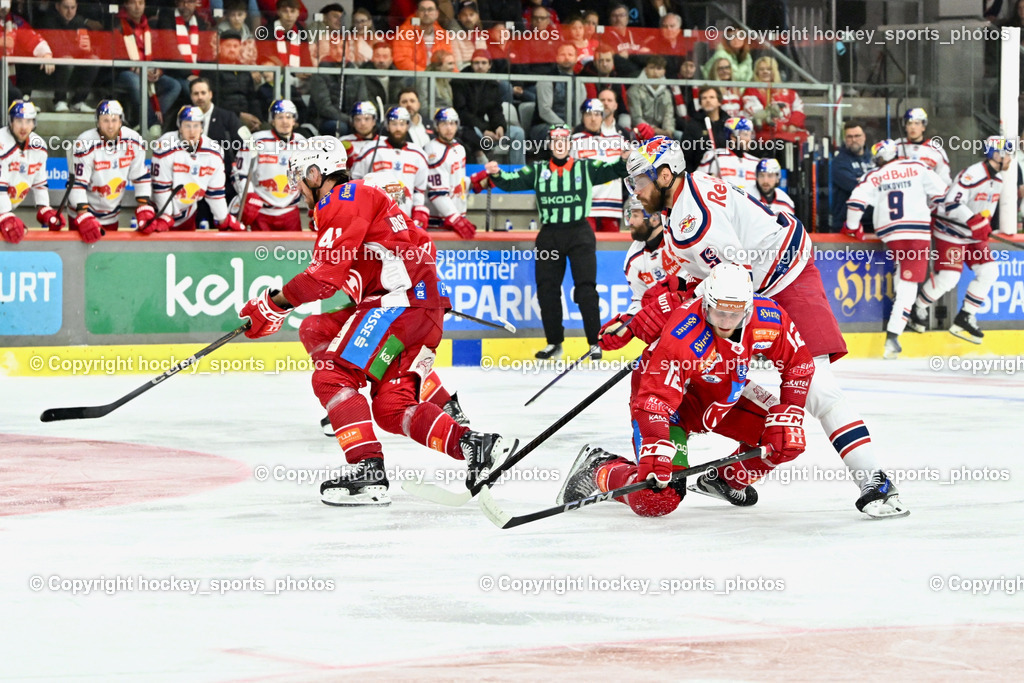 EC KAC vs. EC Red Bull Salzburb | #41 Jensen Aabo Jesper EC KAC, #5 Raffl Thomas EC RED BULL SALZBURG,  #12 Maier David EC KAC, EC KAC vs. EC Red Bull Salzburb, EC KAC vs. EC Red Bull Salzburb am 04.04.2025 in Klagenfurt (Heidi Horten Arena), Austria, (Photo by Bernd Stefan)